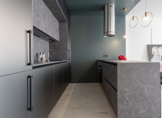interior of modern kitchen with gray furniture