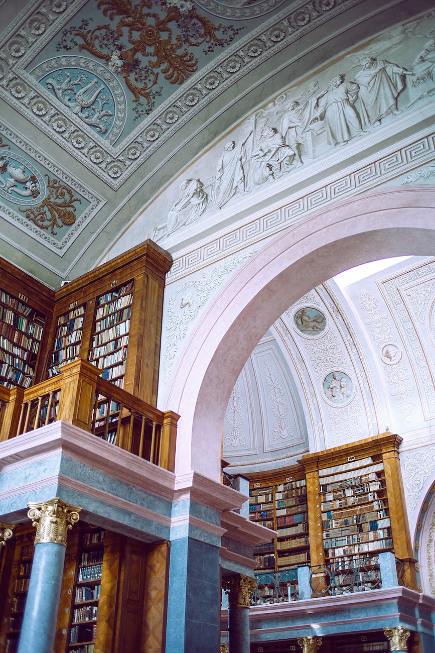 interior of old palace with bas relief walls and bookcases