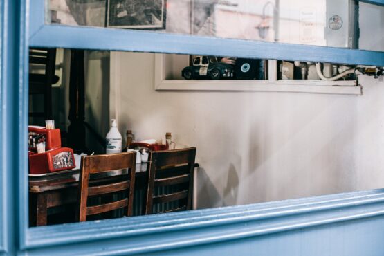 opened window of cafe with old interior
