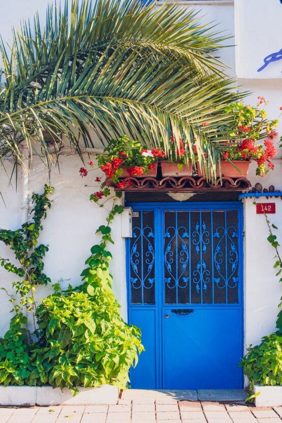 a house with a blue painted steel gate